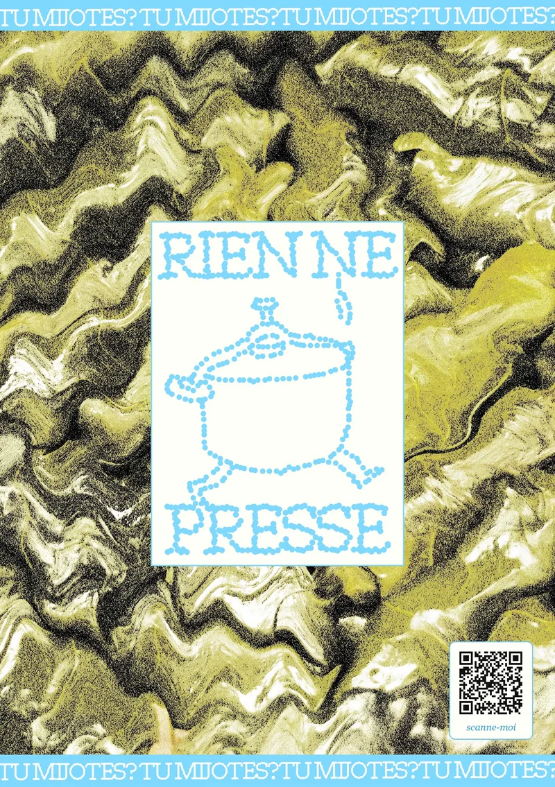 Couverture du livret « Rien ne presse » : une cocotte en pointillés bleu ciel sur une marbrure olive, avec le code à scanner en bas à droite.