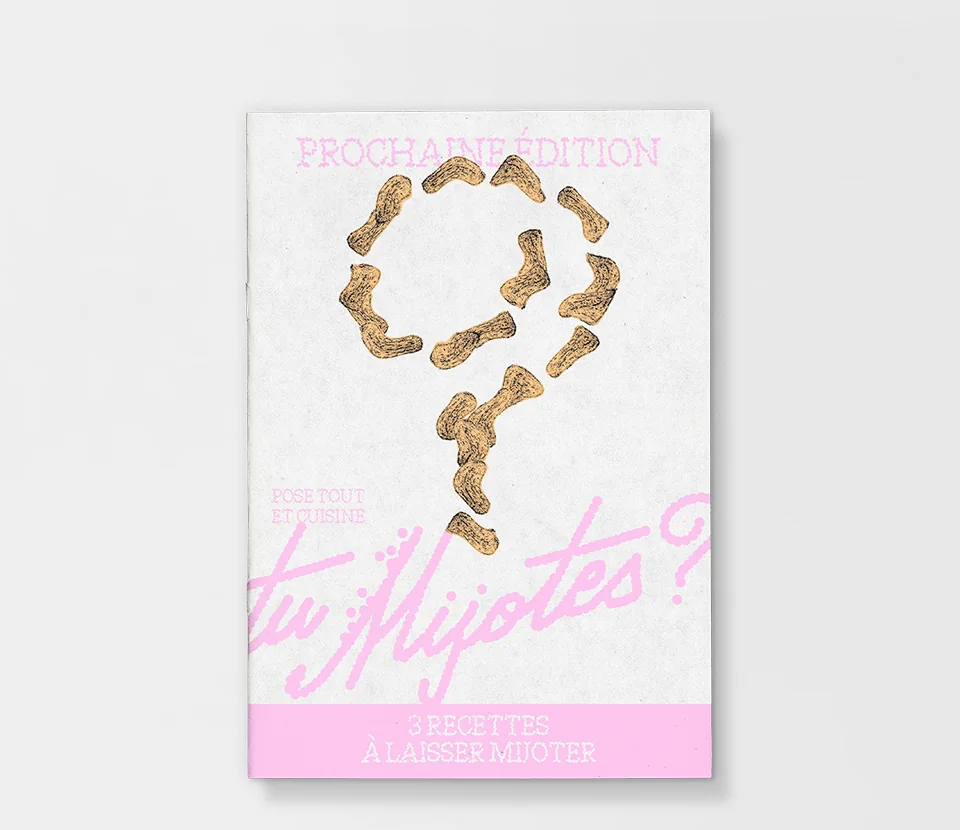 Prochaine édition du livret : un point d'interrogation en pâtes sur une couverture rose pâle.