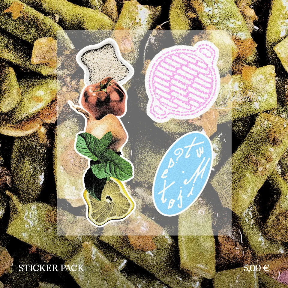 Le sticker pack : tomate, citron, une casserole rose et le logo bleu, sur un fond de légumes rôtis.